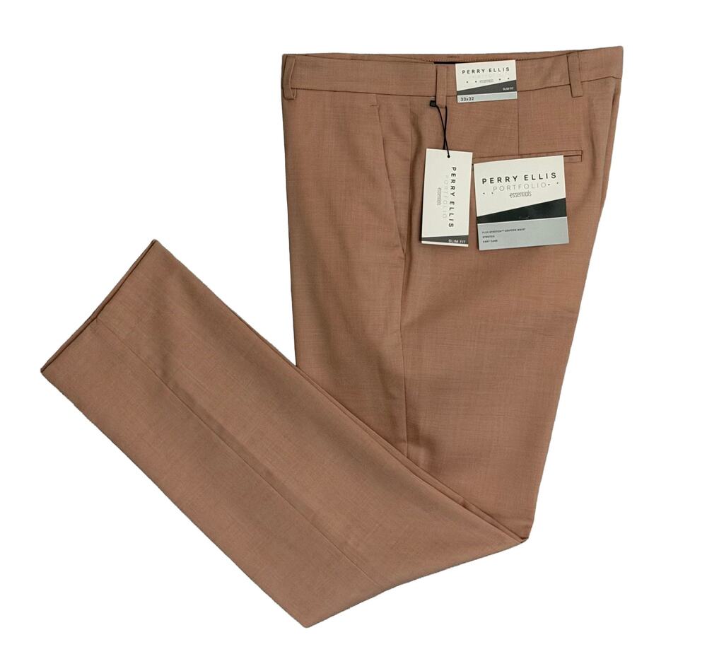 Perry Ellis Portfolio Pants Men's 33"x32" Slim Fit Dress Pant Stretch Salmon NWT